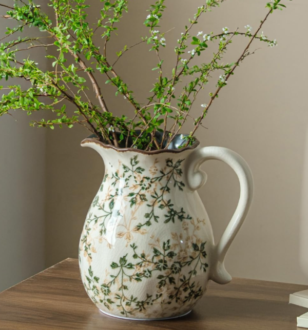 Vintage Watering Can Vase with Ice Crack Glaze, Green Vines, and Scalloped Rim